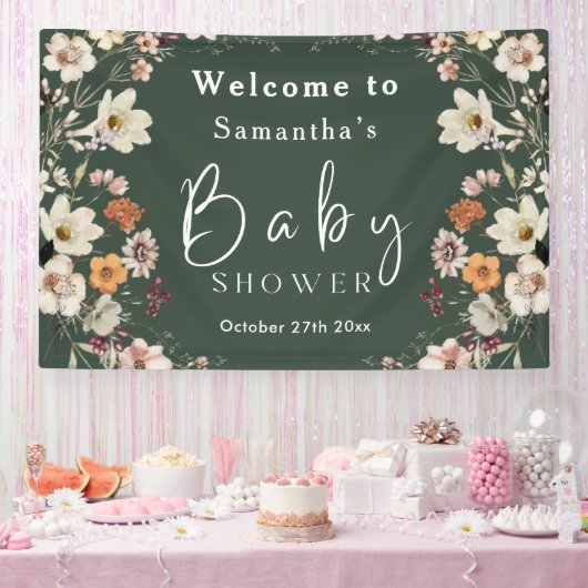 Modern Dark Green Boho Wildflower Baby shower Spandoek (Feest)