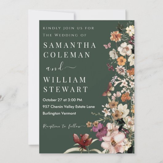 Modern Dark Green Rustic Boho Wildflower Wedding Kaart (Voorkant)