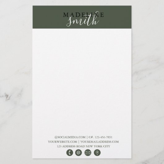 Modern Dark Green Script Briefpapier (Voorkant)