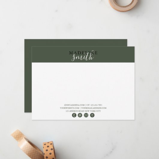 Modern Dark Green Script Flat Note Card Notitiekaartje (Voorkant / Achterkant in situ)