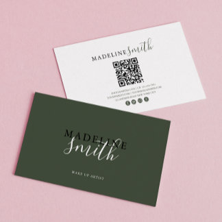 Modern Dark Green Script QR code Visitekaartje