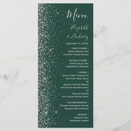 Modern Dark Green Silver Glitter Edge Wedding Menu (Voorkant)