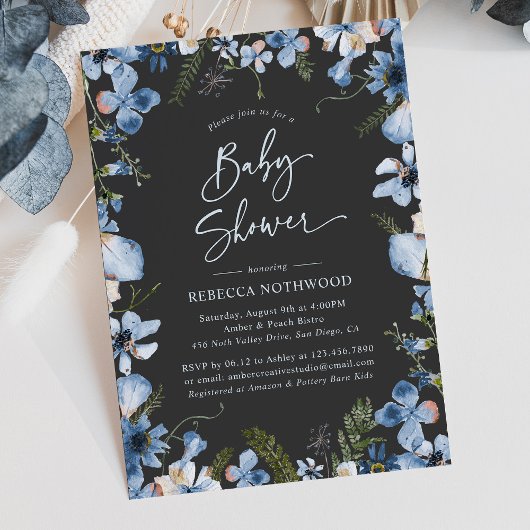 Modern Dark Grey Dusty Blue Boy Baby shower Kaart
