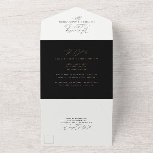 Modern Dark Moody Black Gold Wedding All In One Uitnodiging (Buitenkant)