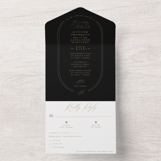 Modern Dark Moody Black Gold Wedding All In One Uitnodiging (Binnen)
