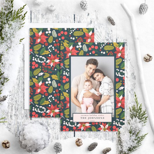 Modern Dark Moody Blue Poinsettia Feestdagenkaart