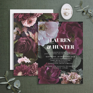 Modern Dark Moody Burgundy Pink Floral Wedding IV Kaart