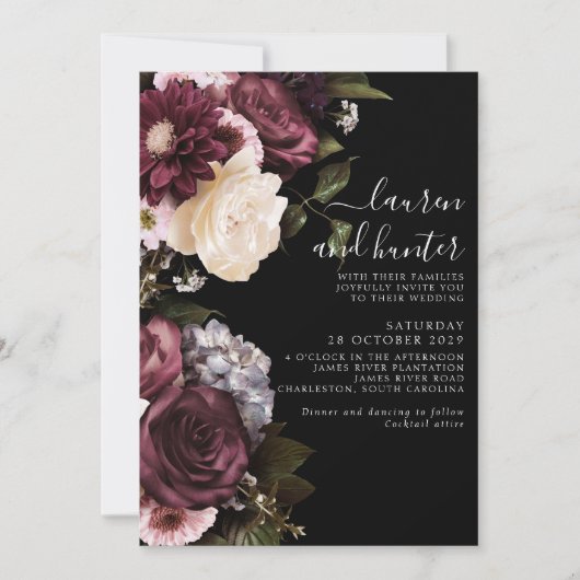 Modern Dark Moody Burgundy Script Floral Wedding I Kaart (Voorkant)