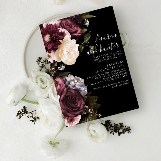 Modern Dark Moody Burgundy Script Floral Wedding I Kaart