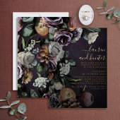 Modern Dark Moody Paarse Floral Wedding Gold Folie Uitnodiging