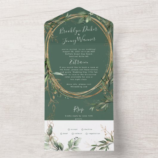 Modern Dark Moss Sage Greenery Eucalyptus Wedding All In One Uitnodiging (Binnen)