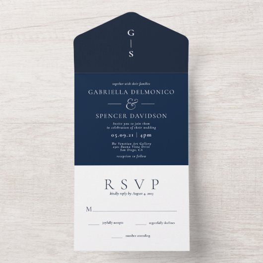 Modern Dark Navy Blue Wedding All In One Uitnodiging (Binnen)