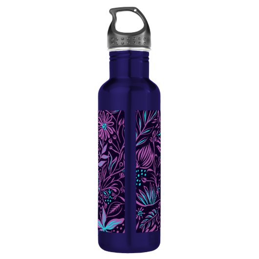 Modern Dark Paars Floral Pattern - Gepersonaliseer Waterfles (Achterkant)
