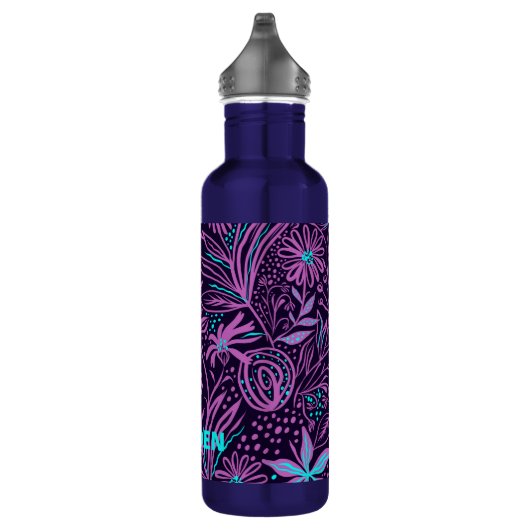 Modern Dark Paars Floral Pattern - Gepersonaliseer Waterfles (Rechts)