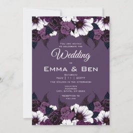 Modern Dark Paarse Floral Wedding Invitation Kaart