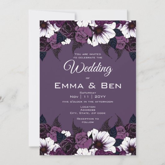 Modern Dark Paarse Floral Wedding Invitation Kaart (Voorkant)