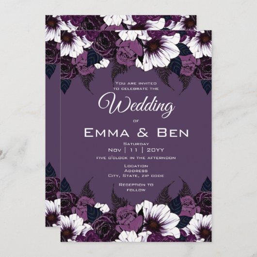 Modern Dark Paarse Floral Wedding Invitation Kaart (Voorkant / Achterkant)