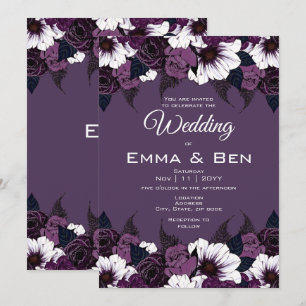 Modern Dark Paarse Floral Wedding Invitation Kaart