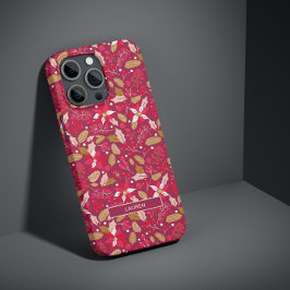 Modern Dark Pink Red Poinsettia Folk Name Pattern Case-Mate iPhone Case
