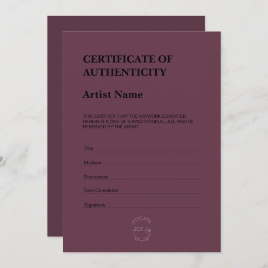 Modern Dark Purple Certificate of Authenticity Bedankkaart (Voorkant / Achterkant)