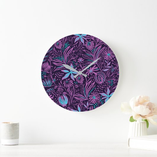 Modern Dark Purple Floral Pattern Grote Klok (Huis)