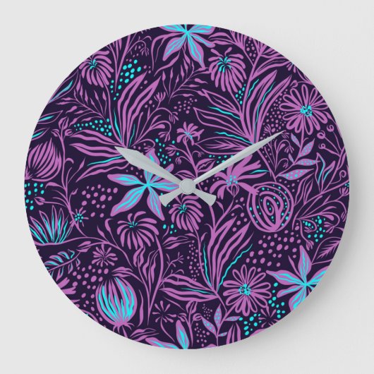 Modern Dark Purple Floral Pattern Grote Klok (Voorkant)