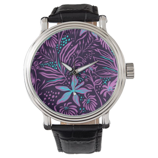 Modern Dark Purple Floral Pattern Horloge (Voorkant)