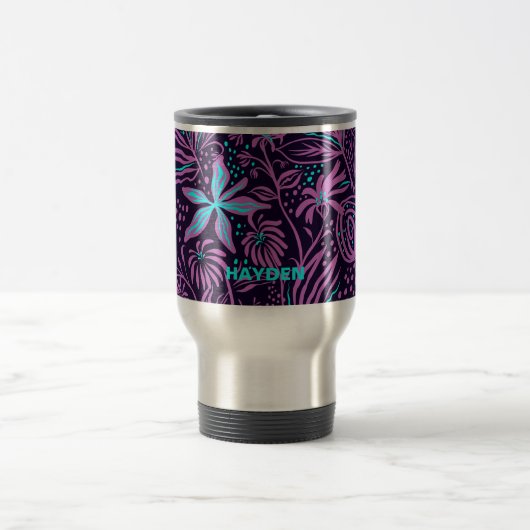 Modern Dark Purple Floral Pattern Personalised Reisbeker (Center)