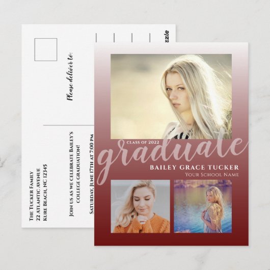 Modern Dark Red Burgundy Ombre Afstuderen Afstuder Briefkaart (Voorkant / Achterkant)