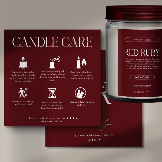 Modern Dark Red Candle Care Card Bedankkaart