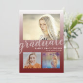 Modern Dark Red Ombre Afstuderen 3-foto's Afstuder Aankondiging (Staand voorkant)