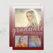 Modern Dark Red Ombre Afstuderen 3-foto's Afstuder Aankondiging (Voorkant / Achterkant)