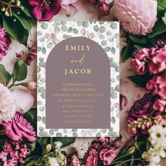Modern Dark Roos & Gold Eucalyptus Wedding Folie Uitnodiging