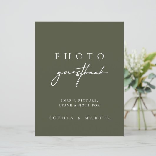Modern Dark Sage Green Foto Guestbook Sign (Staand voorkant)