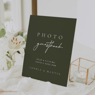 Modern Dark Sage Green Foto Guestbook Sign Reclamebord Met Voetstuk