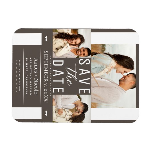 Modern Dark Taupe Bewaar de datum 3 Foto Bruiloft Magneet (Horizontaal)