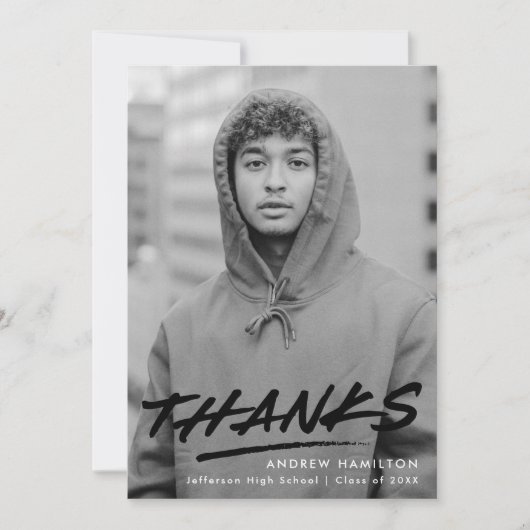 Modern Dashed Black Photo Afstuderen Bedankkaart (Voorkant)