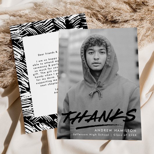 Modern Dashed Black Photo Afstuderen Bedankkaart