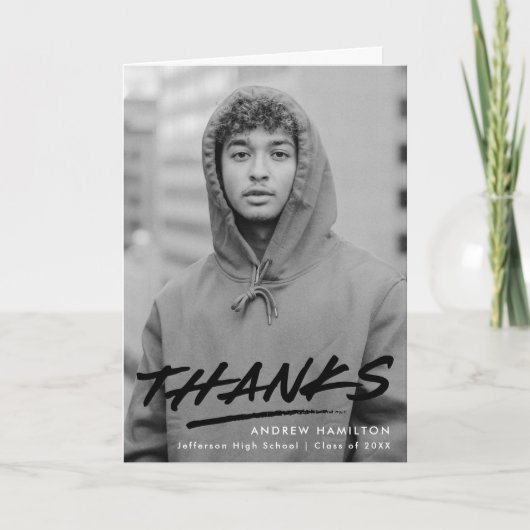 Modern Dashed Black Photo Afstuderen Bedankkaart (Voorkant)