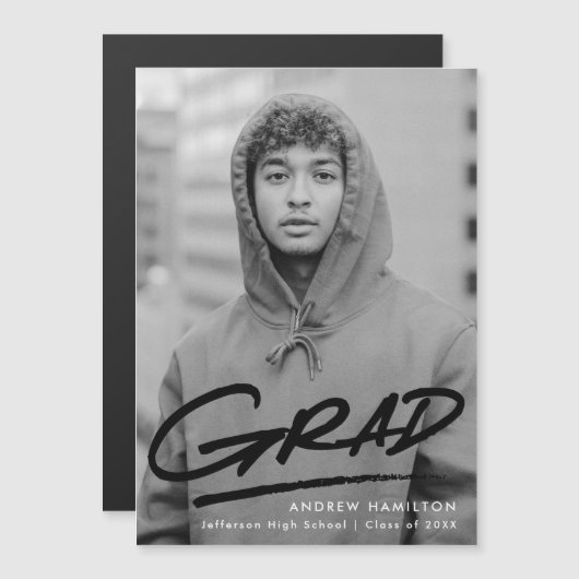 Modern Dashed Black Photo Afstuderen Magnetische Uitnodiging (Voorkant / Achterkant)