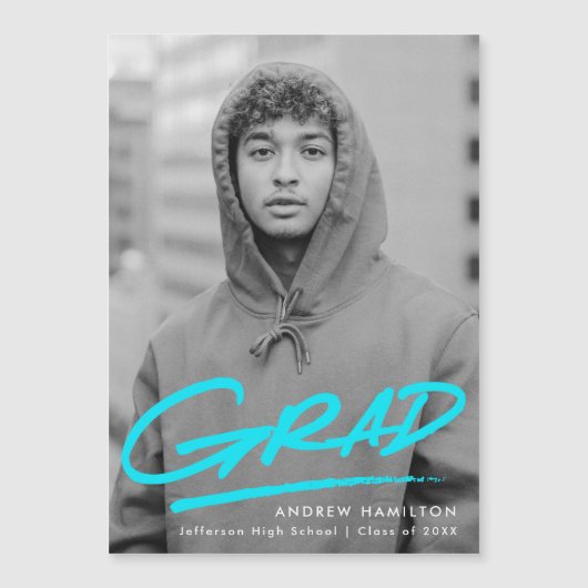 Modern Dashed Turquoise Foto Afstuderen Magnetische Uitnodiging (Voorkant)