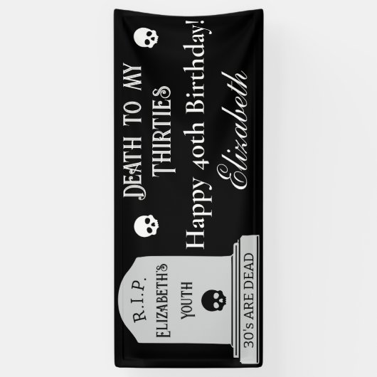 Modern Death to My 30s Black 40th Birthday Party Spandoek (Verticaal)