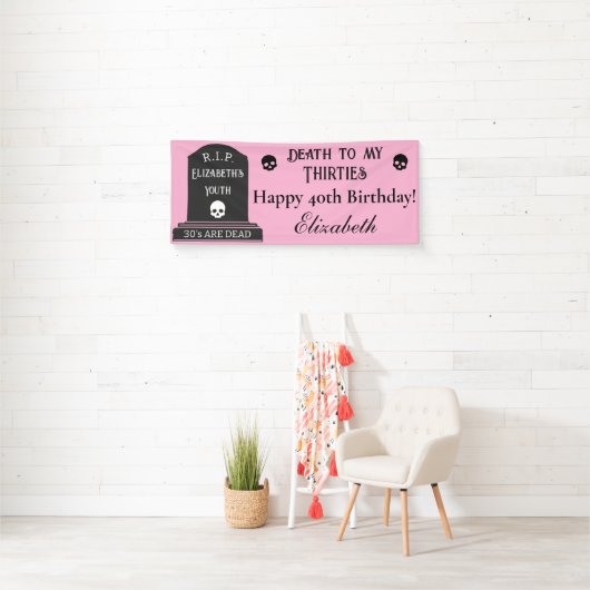 Modern Death to My 30s Pink 40th Birthday Party Spandoek (Insitu)
