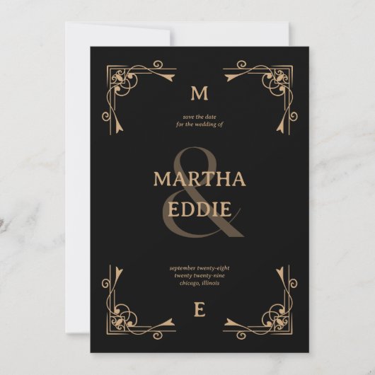 Modern Deco | Black and Gold Photo Back Wedding Save The Date (Voorkant)
