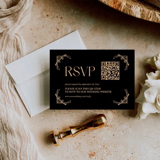 Modern Deco | Black and Gold Wedding QR Code RSVP Kaartje