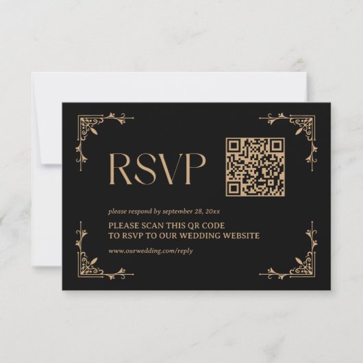 Modern Deco | Black and Gold Wedding QR Code RSVP Kaartje (Voorkant)
