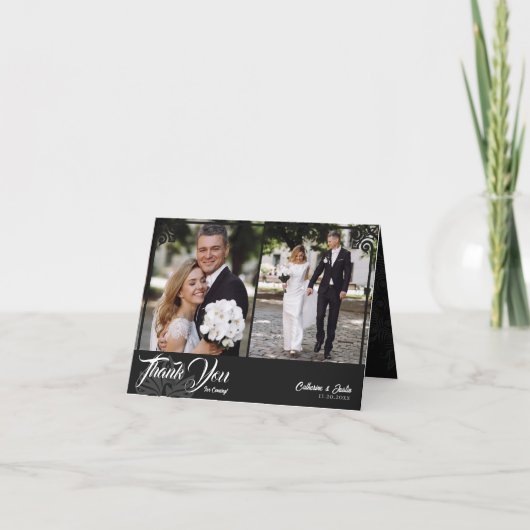 Modern Deco Black Peacock 2 foto bruiloft gevouwen Bedankkaart (Voorkant)