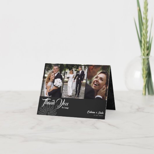 Modern Deco Black Peacock 3 foto bruiloft gevouwen Bedankkaart (Voorkant)