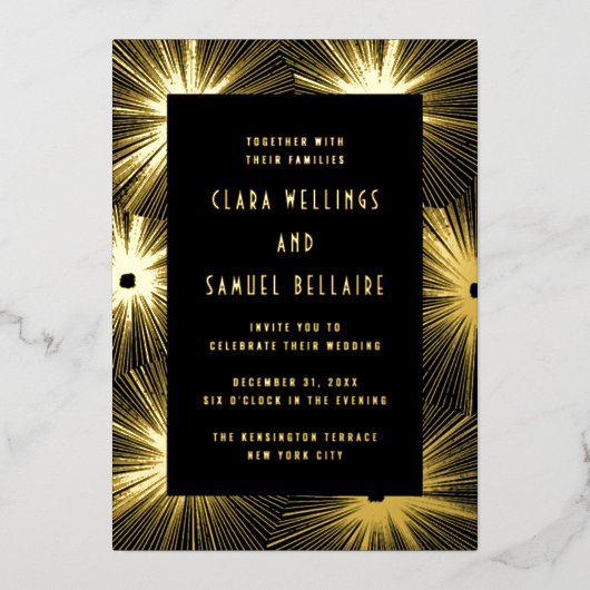 Modern Deco Black Wedding Gold Foil Uitnodiging (Voorkant)