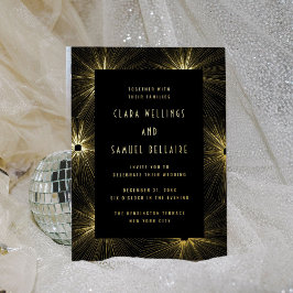 Modern Deco Black Wedding Gold Foil Uitnodiging